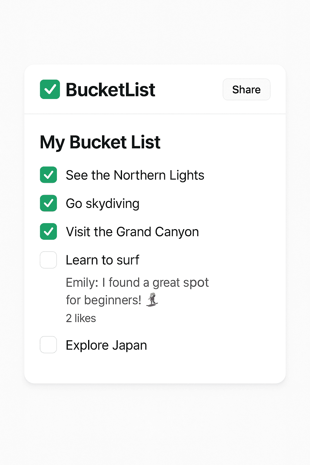 Referenz: BucketList – Social To-Do-App, mit der Freunde gemeinsame Bucket-Lists erstellen, abhaken & teilen können. Somit bleiben Errinnerungen verewigt.