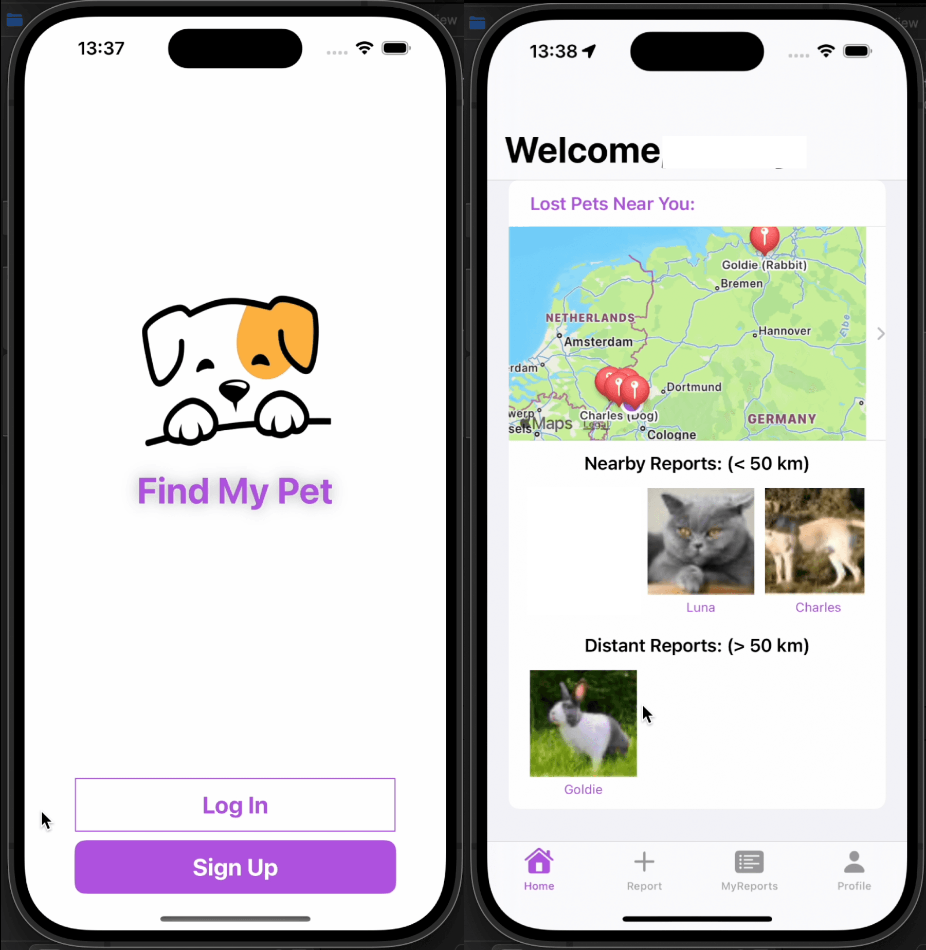Referenz: Find My Pet – iOS-Community App zur Meldung und Suche von verlorenen Haustieren mit Kartenintegration & Push-Benachrichtigungen.
